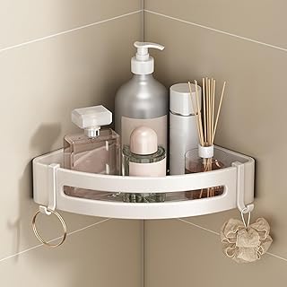 atylishome Bathroom Storage Shower Caddy Corner Shelf with Hooks No Drilling Wall Mounted Organiser Adhesive Showers Basket Simple to Install Lightweight White 0101