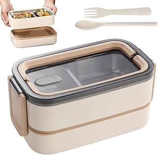 WANDGU 1400 ml Adult Lunch Box: 2 Tier Stainless Steel Bento Box with Compartments and Cutlery for Microwave-Safe, BPA-Free Leak-Proof Lunch Box Adult for On the Go, Work and School (Khaki)