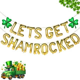 بالونات ذهبية بتصميم حروف بعبارة Let's Get Shamrocked، زينة عيد القديس باتريك كبيرة 16 انش مع لافتة بالونات الومنيوم من رقائق النفل الاخضر للعطلات الايرلندية، لوازم حفلات الربيع والفصول الدراسية