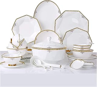 Dinnerware Set Dinner Party Tableware Service Set Ceramics Dinnerware Set with 56 Pieces, Bowl/Dish/Soup Pot/Spoon|Bone China Dinner Sets, Octagonal Fold Design Porcelain Combinati