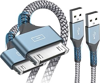 كيبل شحن USB الى 30 دبوس بطول 6.6 قدم بيانات افيبركس للشحن السريع ومزامنة البيانات سلك مغطى بالنايلون متوافق مع ايفون 4/4s/3G/3GS ايباد 1 2 3 ايبود تاتش 4 كلاسيك رمادي