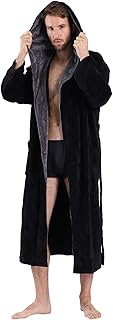 Mens Large Hooded Long Bathrobe with Chest Button,Big Tall Fleece Housecoat extra Lightweight and Warm L