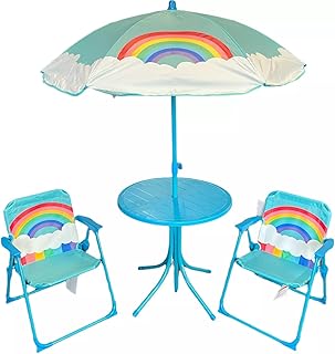 UKR Kids Outdoor Seating Set for Beach Garden Picnic Camping Included Children’s Table 2 Chairs with Umbrella Foldable with Storage Bag (Blue)