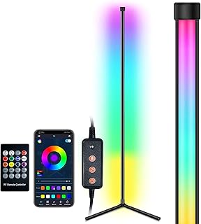 ايكام مصباح ارضي زاوية باضاءة LED RGB متصل بتقنية البلوتوث يعمل بمنفذ USB مع جهاز تحكم و3 اوضاع لغرفة النوم وغرفة المعيشة والحفلات والاستخدام اليومي المنزلي ابيض الألومنيوم