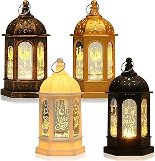 مصابيح رمضان من لوتفيك، 4 قطع فانوس رمضان، مصابيح زينة رمضان، مصابيح زينة رمضان، اضواء عيد مبارك رمضان، ديكورات عيد مبارك للمنزل والطاولة والحديقة (اسود، ابيض، ذهبي، نحاسي)