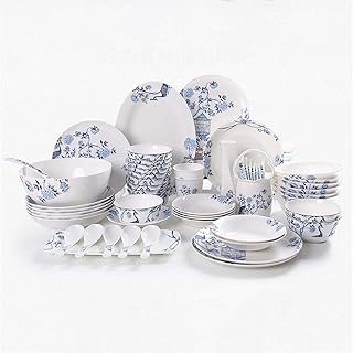 58 Piece Bone China Dinnerware Set, Kitchen Plates Dishes Bowls Vase Cup Spoons and Spoon Tube Service for 14 Microwave and Dishwasher Safe