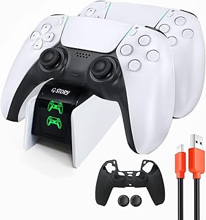 G-STORY PS5 Charging Station, Upgraded PS5 Controller Charging Station with LED Indicator Controller Skin & 1.5M Charging Cable, Safety Chip Protection, Adjustable Support Plate Dual, Fast Charging