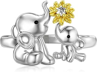 LONAGO Elephant Ring Sterling Silver Mother And Child Animal Elephant with Sunflower Stacking Ring Gift for Women Girl