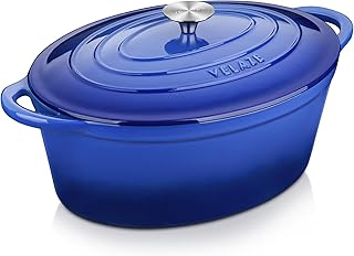 Velaze Cast Iron Roasting Dish with Lid, 34 cm, Oval Cast Iron Pot, 7 L, Large Enamel Pot, Bread Baking Mould with Lid, Cast Iron Pot, Bread Baking, Casserole Pot Cast Iron Suitable for All Types of