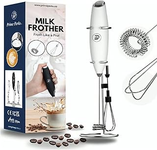 Prime Perks® | Powerful Milk Frother Wand - Ultra Fast Handheld Drink Mixer - Electric Whisk Foam Maker for Coffee, Lattes, Cappuccino, Frappe, Matcha, Hot Chocolate & Coffee Creamer. (White)