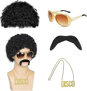 Men's Hippie Wigs Accessory Set 4 Pieces, Disco Accessories Men, Hippie Costume Men, 70s Accessories Disco, Funky Afro Wig, Sunglasses Necklace, for Cosplay Costume Theme Party