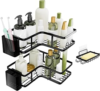 XXFLOWER Corner Shower Caddy, Bathroom Storage No Drilling, Shower Storage with Soap Holder, Toothpaste Holders, Hooks, Bathroom Kitchen Accessories, Bathroom Shelf Stainless Steel, 3 Pack, Black