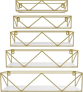 كروجلا مجموعة ارفف عائمة ذهبية مثبتة على الحائط مكونة من 5 قطع، رف معلق للتخزين للحمام والمطبخ وغرفة النوم وغرفة المعيشة، خشب مُصنع