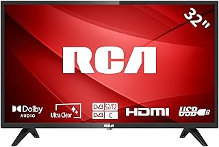 RCA تلفزيون RB32HD1-A 32 انش، تلفزيون صوت دولبي رقمي، شاشة دي في بي T2/S2 HD باضاءة خلفية LED، مخرج HDMI سكارت سماعة اذن مشغل وسائط USB، شاشة لجهاز PS5 Xbox، تلفزيون صغير لغرفة النوم والمطبخ، اسود