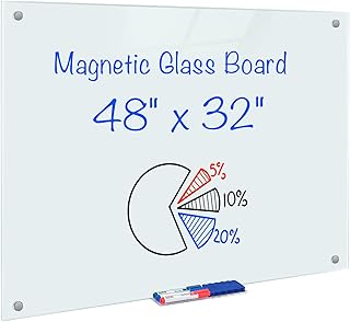 سبورة بيضاء مغناطيسية قابلة للمسح الجاف، لوح زجاجي مغناطيسي كبير مقاس 48 × 32، لوح ابيض كبير للمكتب التفاعلي والحائط بدون اطار مع صينية ماركر