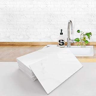 16pcs Marble Effect Self Adhesive Stick on Tiles, Vinyl Wall Peel and Stick Tile for Kitchen Bathroom, Individual Waterproof Sticky Tile Covers Transfers (White, 4x8 inches)