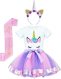 JiaDuo Girls Unicorn Costume Rainbow Tutu with White Shirt, Headband & Satin Sash