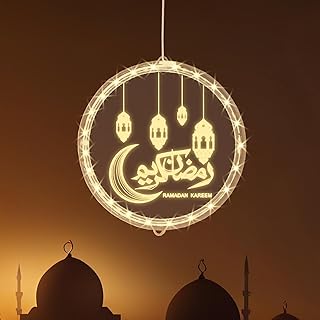 فانوس رمضان كريم ثلاثي الابعاد على شكل قمر من اليبون، مصابيح LED للنافذة بتصميم اسلامي على الطراز الاسلامي مع كوب شفط يعمل بالبطارية لديكور المنزل