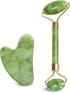 Gua Sha Stone & Jade Face Roller Set - Anti Aging Jade Gua Sha Face Massage Tool for Wrinkles- Eye Roller for Dark Circles and Puffiness - Organic Face Rollers for Women & Men- Jawline Shaper Stone