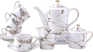 Porcelain Tea Set Coffee Cups and Saucers with Teapot Sugar Bowl Milk Jug Ceramic Tea and Coffee Cups with Marble Pattern,