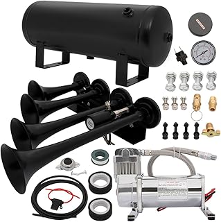 STAYTOP 150dB Train Horns Super Loud 4 Trumpet Electric Train Car Horn Kit with 150 PSI Compressor 1.5 Gal Air Tank Full Systems Kit for 12V Cars Trucks Boats Motorcycles