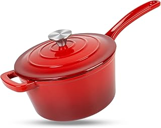 Enameled Cast Iron Sauce Pan, 2 Quarts Round Sauce Pot with Lid, Mini Dutch Oven Enamel Saucepan for Cooking Pasta Sauce, Marinate, Cook, Refrigerate and Serve, Red