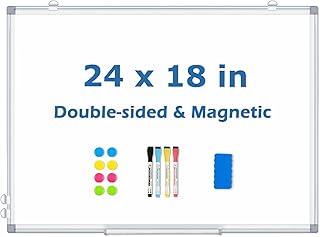 دولار بوس سبورة بيضاء مغناطيسية قابلة للمسح الجاف مقاس 24 × 18 انش، سبورة بيضاء مزدوجة الجوانب للجدار باطار الومنيوم فضي للمكتب والمدرسة والمنزل مع 8 مغناطيسات و4 اقلام ماركر وممحاة وصينية اقلام قابلة