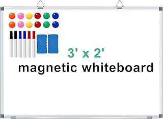 سبورة بيضاء مغناطيسية كبيرة قابلة للمسح الجاف مقاس 36 انش × 24 انش من الالومنيوم مع صينية اقلام طويلة و6 اقلام ماركر و2 ممحاة و12 مغناطيس