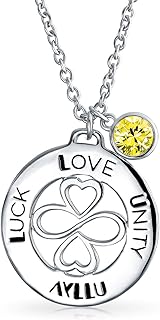 AYLLU Amulet Talisman Intertwine Symbol Heart Infinity Clover For Love Luck Unity Inspirational Words Round Disc BFF Pendant Necklace For Women Teens .925 Sterling Silver Crystal 12 Birth Month Color