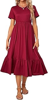 Summer Maxi Dresses for Women 2023, Casual Short Sleeve Crewneck Flowy Long Dresses Tiered Swing Beach Dress with Pockets