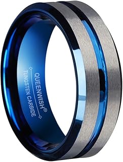 QUEENWISH 8mm Tungsten Ring for Men Women Blue Silver Groove Men's Wedding Bands Beveled Edges Promise Rings Size 5 to 14