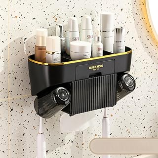 Toothbrush Holder Bathroom Organizer Cosmetic Storage Rack Shower caddy with Drawer Tissue Box & 2 Cups Multifunctional Wall Mounted (Charm Black)