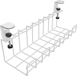 سلة كيبلات قابلة للتثبيت لطاولة المكتب، يمكن تجميعها بطريقتين وبدون أدوات لتخزين الكيبلات وأسلاك الطاقة لمكان عمل مرتب (مقاس M، تصميم شبكي معدني أبيض، منظم كيبلات/إدارة الكابلات) من كيه دي اسينشيالز