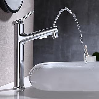 Basin Mixer Kitchen Tap with Pull Out Spray Bathroom Sink Taps Single Lever Basin Mixer with Shower 3 Spray Modes Taps for Bathroom Basin Kitchen Chrome-A,Tall,