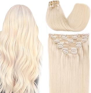 SURNEL Blonde Clip in Hair Extensions Clip in Human Hair 7 Pcs Color 60 Platinum Blonde Clip in Human Hair Extensions Full Head Double Weft Thick Clip in Hair 140G 16 Inch (7C#60-16)