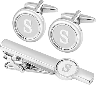 GWD Silver Initial Cufflinks and Tie Clip Set for Men Stainless Steel Personalized Tuxedo Shirt Cuff Links Letter Alphabet A-Z Gift for Father Husband