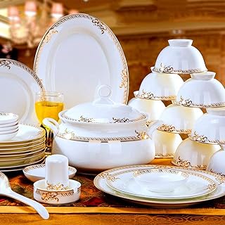 46 Pieces Bone China Dinnerware Set, Porcelain Modern Home Kitchen Round White Chip Resistant Plates Dishes Bowls Soup Pot,Service for 12