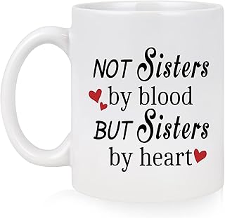 كابتنكا كوب هدية لأفضل صديق للنساء مطبوع عليه Not Sisters By Blood But Heart وهدايا الصداقة هدايا للكريسماس وعيد الام لزوجة الاخت والأخت والاصدقاء الانثى 11 اونصة ابيض سيراميك