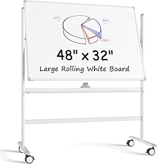 ماكس جير سبورة بيضاء دوارة كبيرة فاخرة على عجلات، 48 انش × 32 انش، لوح مغناطيسي مزدوج الجوانب قابل للمسح الجاف، سبورة بيضاء متحركة مع حامل، سبورة بيضاء قابلة للعكس للمدرسة