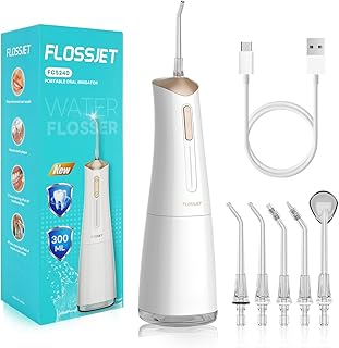 FlossJet Water Dental Flosser for Teeth Cordless with 300ML 4 Cleaning Modes 5 Jet Tips Portable Oral Irrigator USB-Powered Electric Flosser IPX7 Waterproof Dental Floss for Home and Travel White