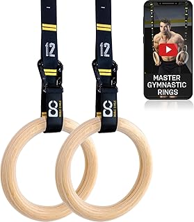 Wooden Gym Rings with Adjustable Straps and Exercise Video Instructions (English language not guaranteed) - Gym Rings Wood - Full Body Workout, Calisthenics, Gym (Various Sizes)