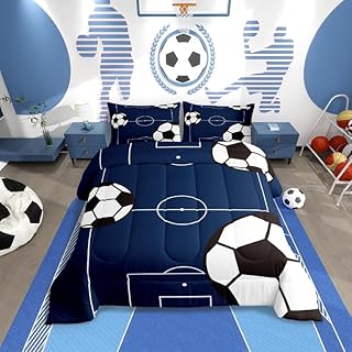 jejeloiu Football Comforter Set Twin Size Kids Soccer Ball Pattern Comforter for Boys Girls Teens Sports Theme Bedding Set Breathable Football Court Duvet Set Room Decor Quilt Set