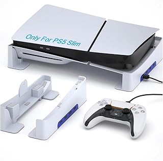 ECHZOVE Horizontal Stand for PS5 Slim Console with 4 USB Ports,Data Interface, and Charging, Base Stand Holder Accessories Compatible with Playstation 5 Slim Disc & Digital Editions(Not for PS5)