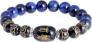 Jewever Feng Shui Bracelet Agate Tiger eye inscribed in Ancient Coin Pattern Porsperity 10mm Beads Elastic Attract Wealth and Good Luck