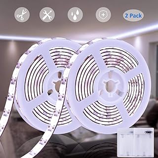 دميكسيس شريط اضاءة LED يعمل بالبطارية ابيض مقاوم للماء 6.5 قدم بطارية مرن لاصق لغرفة النوم مصابيح داخلية وخارجية عبوة من قطعتين