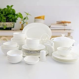 Bone China Dinnerware Set, White Porcelain Round Dinner Dining Tableware Combi-Set with Cereal Noodle Bowl Dessert Soup Fish Plates Microwave and Oven Safe (56 Pieces Service for 12 People)