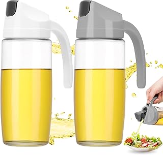 Invalidism 2 Packs 600ml Oil Dispenser Bottle,Auto Flip Olive Oil Dispenser Leakproof Refillable Oil and Vinegar Dispenser Clear Glass Oil Bottles for Kitchen Cooking,White & Grey