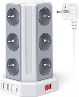 ساميريفر شرائط طاقة تاور مع كابل بطول 5 متر، شريط طاقة USB 12 منفذ تيار متردد و4 USB، 4000 واط/16 امبير، شرائط عمودية مع مفتاح للطاولة والمكتب والمنزل