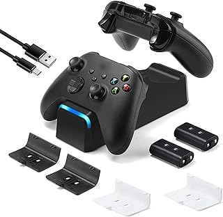 كيكوكل شاحن ذراع تحكم مزدوج متوافق مع Xbox Series X/S وXbox One/One X/One S، شاحن وحدة تحكم اكس بوكس فعال مع 2 * عبوة بطاريات قابلة لاعادة الشحن 1100mAh (اسود)، يو اس بي