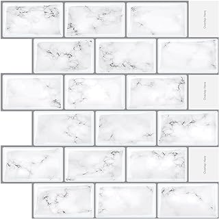 Peel and Stick Backsplash Wall Tiles - 10 Sheets White Marble Tile 12" x 12" 3D Self-Adhesive Wall Tiles for Kitchen, Bathroom & Home Décor